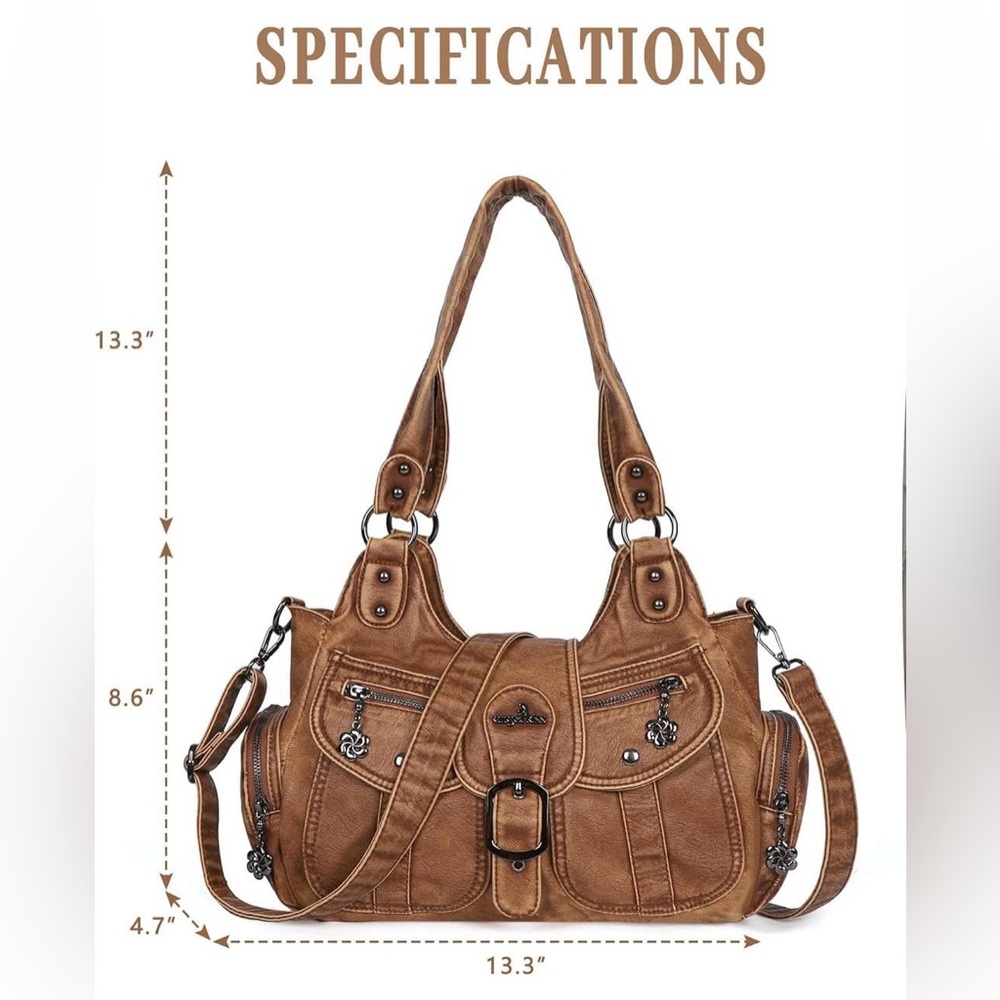 Angel Kiss Cognac Brown Retro Fashion Multi-Compartment Large Capacity Hobo Bag - Picture 4 of 7